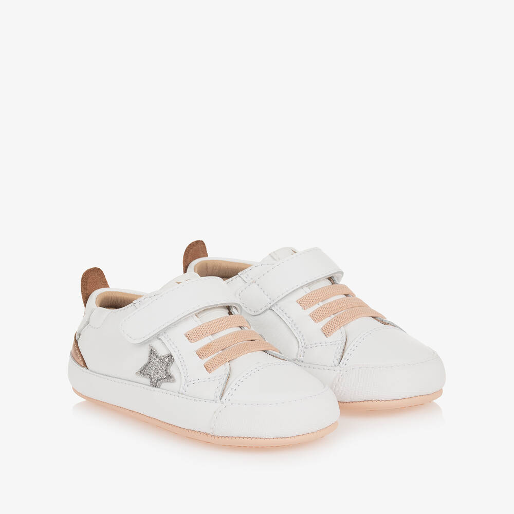 Old Soles - White & Pink Leather First-Walker Trainers | Childrensalon