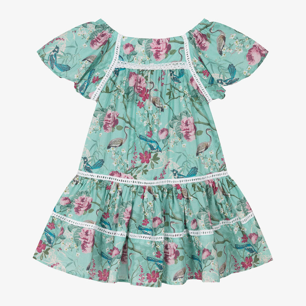 Olga Valentine - Girls Blue Cotton Floral Dress | Childrensalon