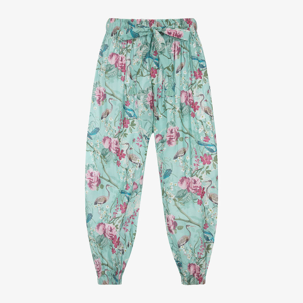 Olga Valentine - Girls Green Floral Print Cotton Trousers | Childrensalon
