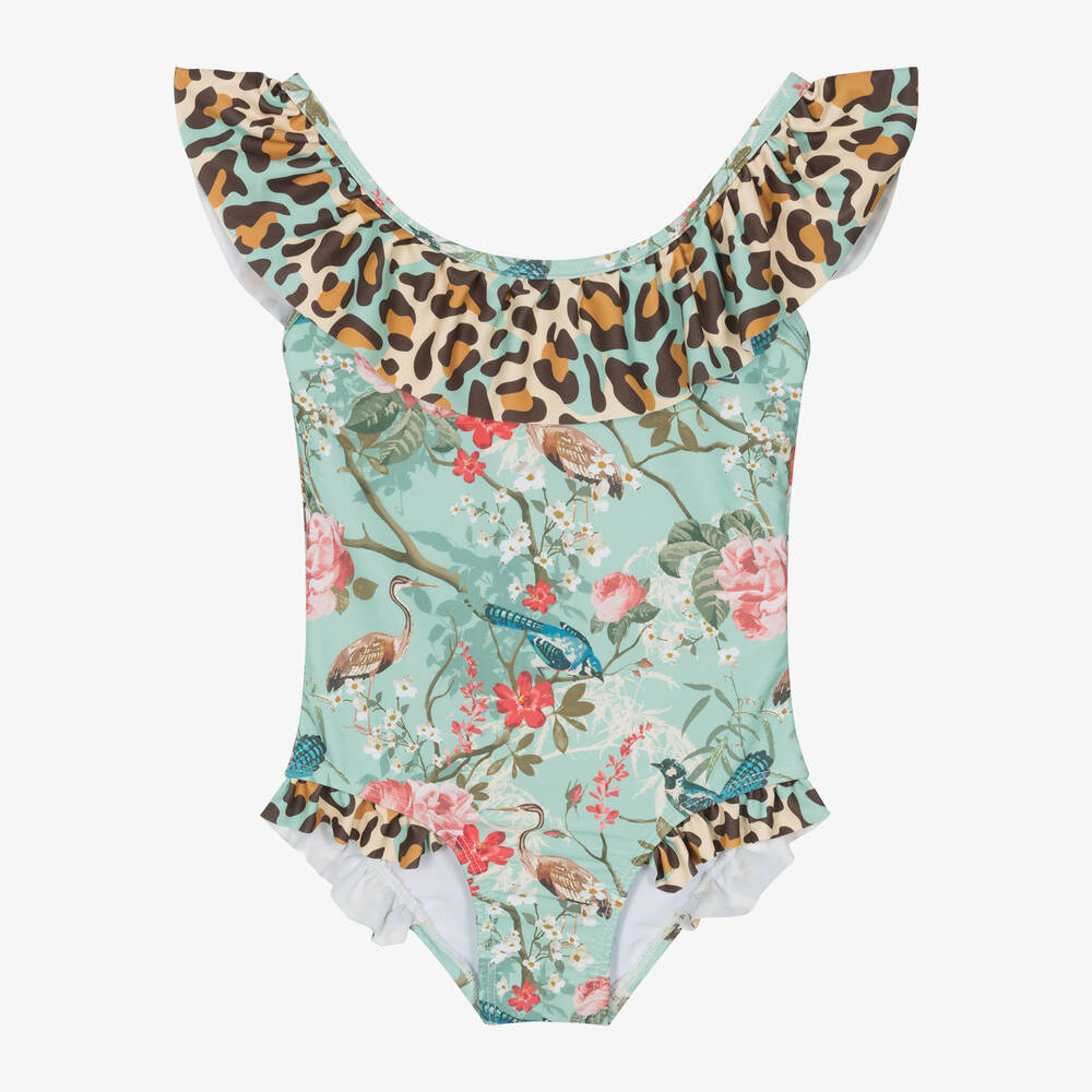 Olga Valentine Babies' Girls Green Floral Ruffle Swimsuit (upf50+)