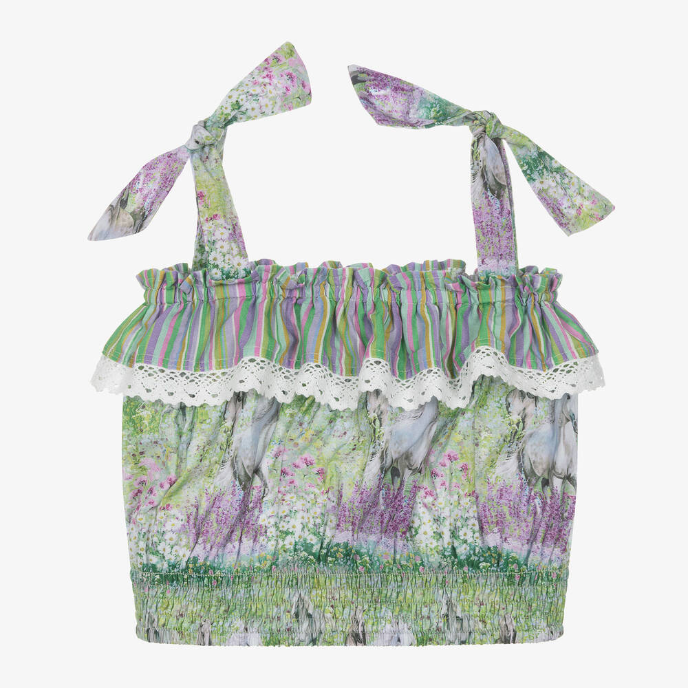 Olga Valentine - Girls Green Horse Print Cotton Blouse  | Childrensalon