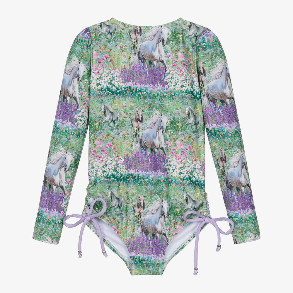 Olga Valentine - Girls Green Horse Print Swimsuit (UPF50+) | Childrensalon