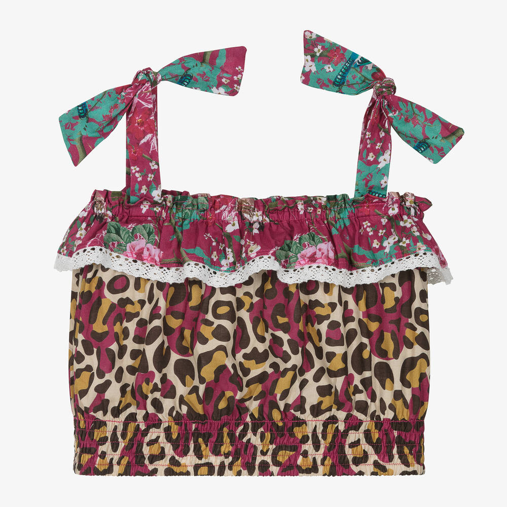 Olga Valentine - Girls Pink Floral & Leopard Cotton Blouse | Childrensalon