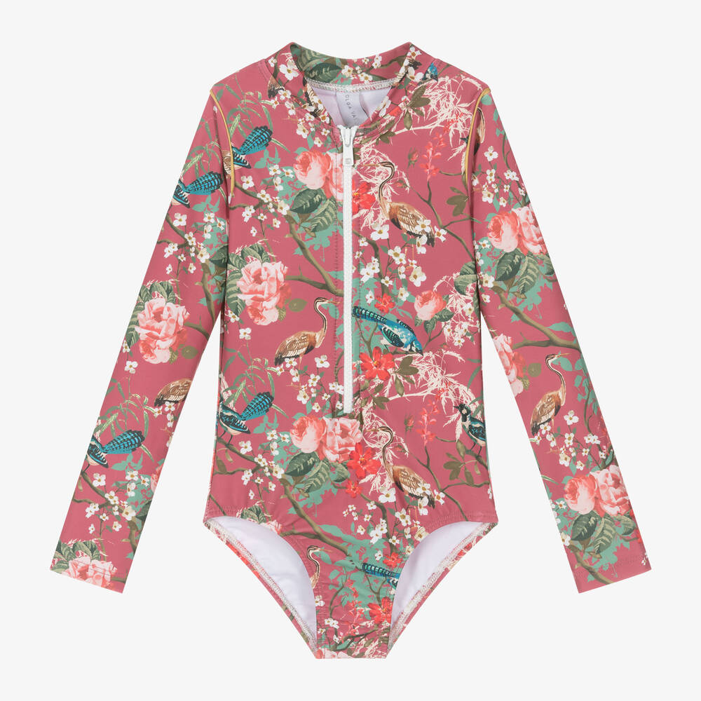 Olga Valentine - Girls Pink Floral Swimsuit (UPF50+) | Childrensalon