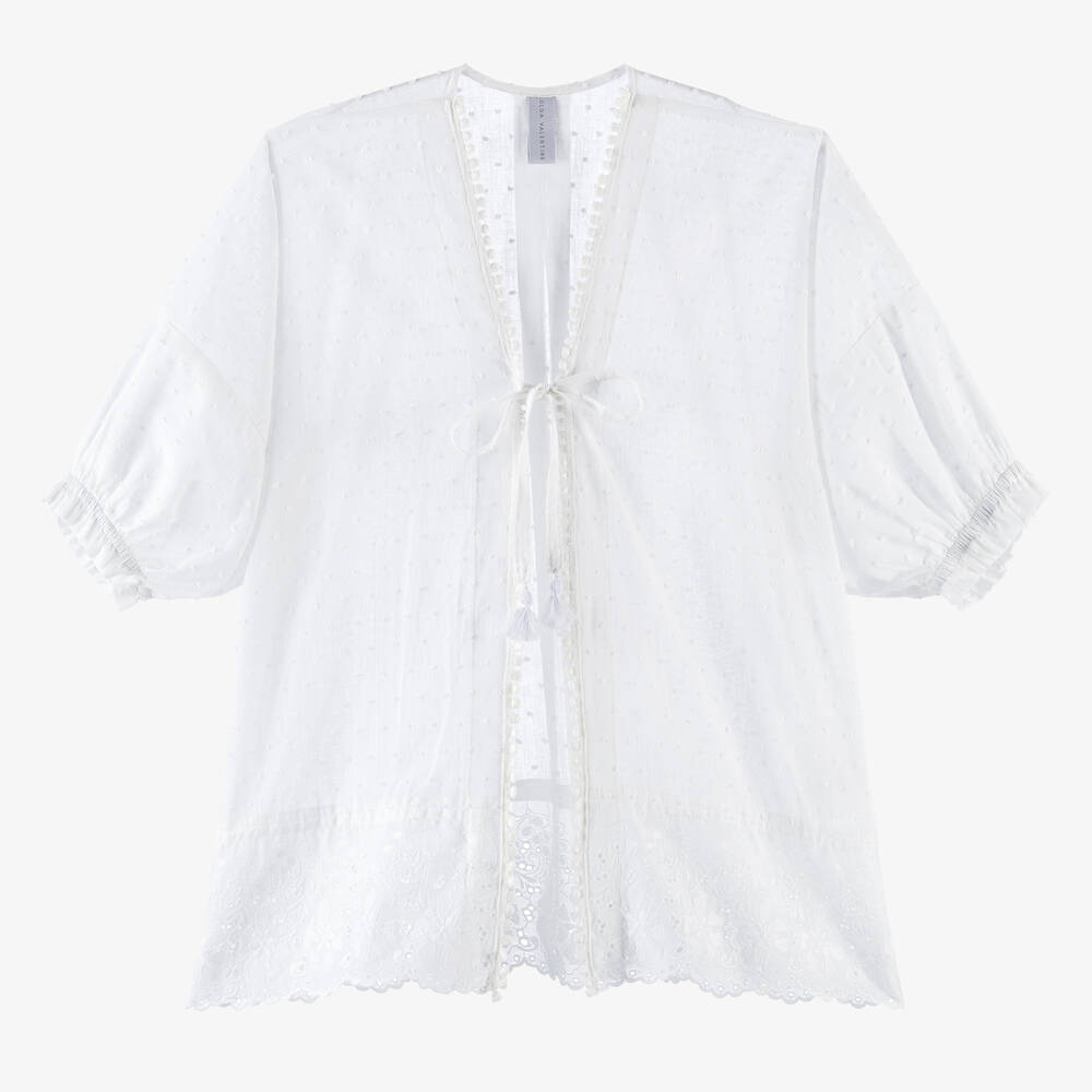 Olga Valentine - Girls White Cotton Plumetis Kimono | Childrensalon