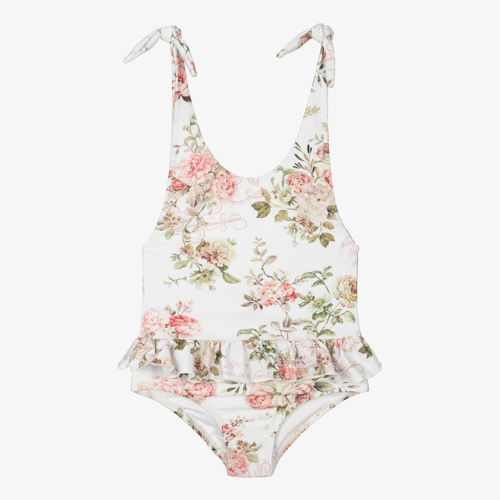 Olga Valentine Babies' Girls White & Pink Floral Swimsuit