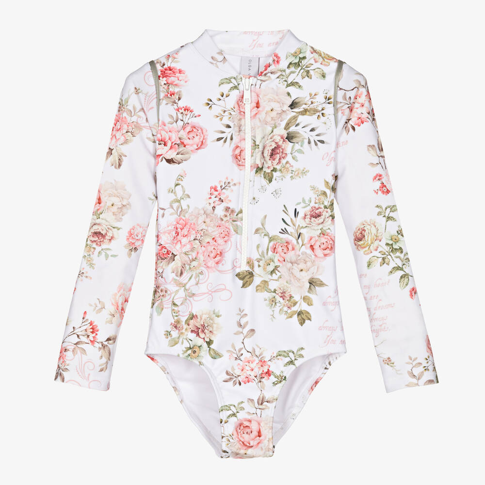 Olga Valentine Babies' Girls White & Pink Floral Swimsuit (upf50+)