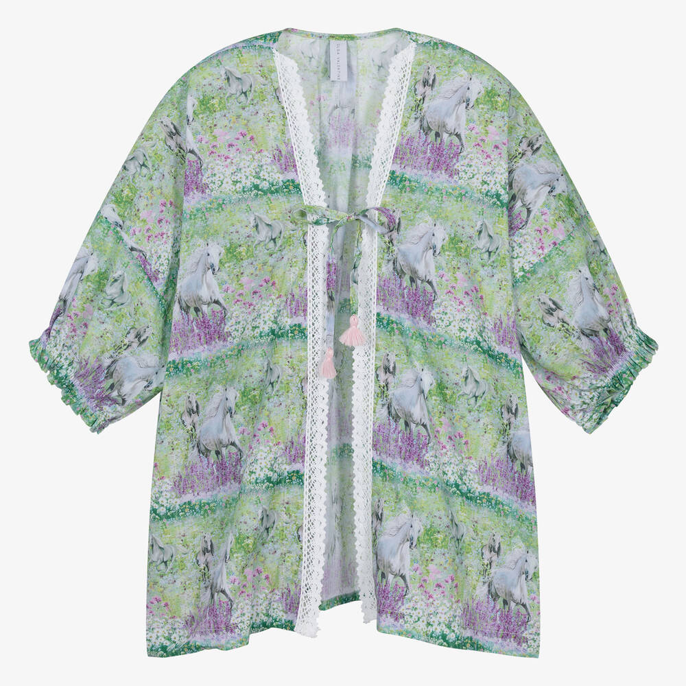 Olga Valentine - Kimono vert en coton à imprimé cheval ado fille | Childrensalon