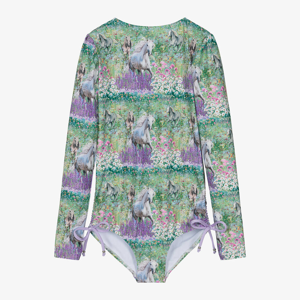 Olga Valentine - Teen Girls Green Horse Print Swimsuit (UPF50+) | Childrensalon
