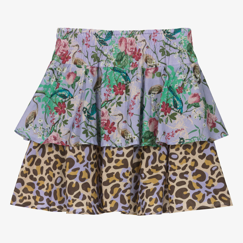Olga Valentine Teen Girls Purple Floral & Leopard Cotton Skirt