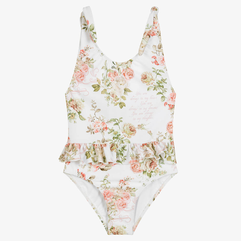 Olga Valentine Teen Girls White & Pink Floral Swimsuit (upf50+)