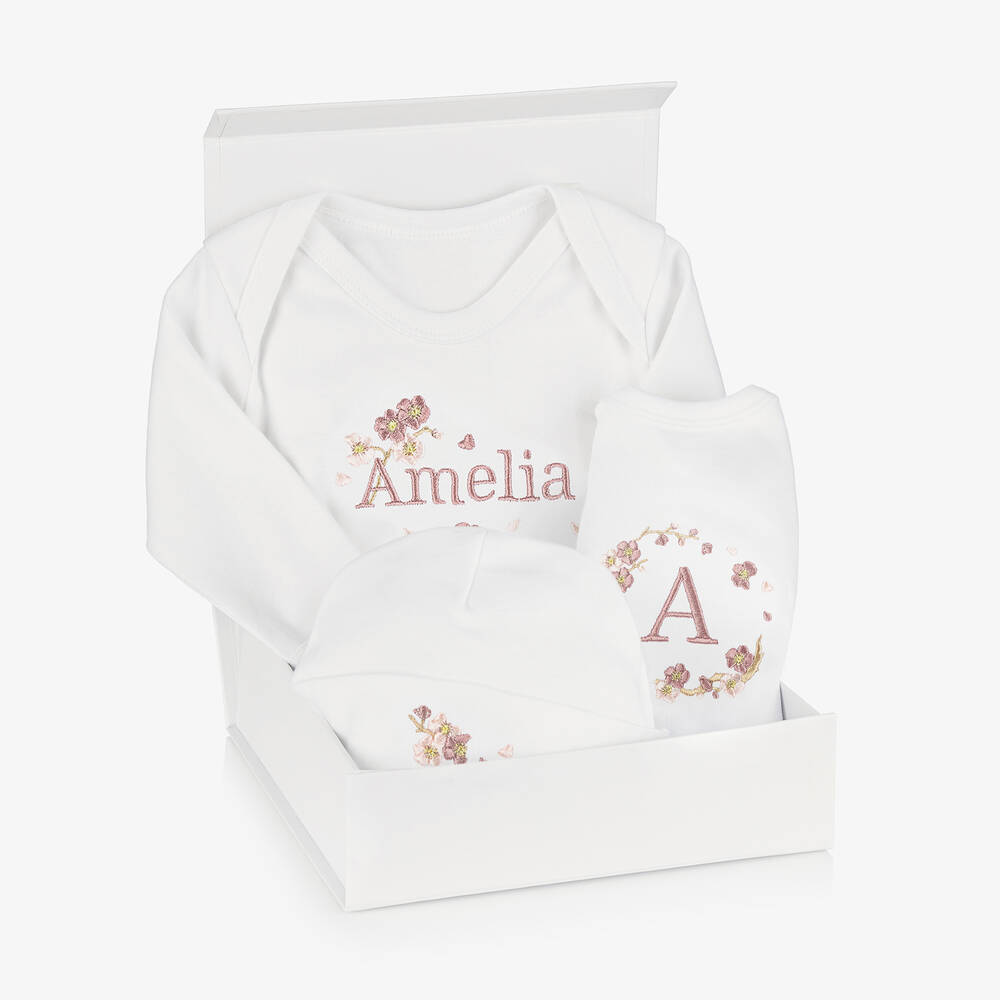 Paint My Dreams Girls White Blossom Personalised Babysuit Gift Set