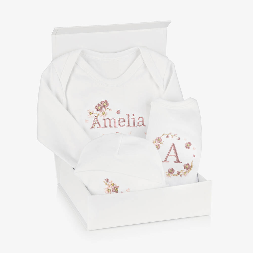 Paint My Dreams - White Blossom Personalised Babysuit Gift Set | Childrensalon