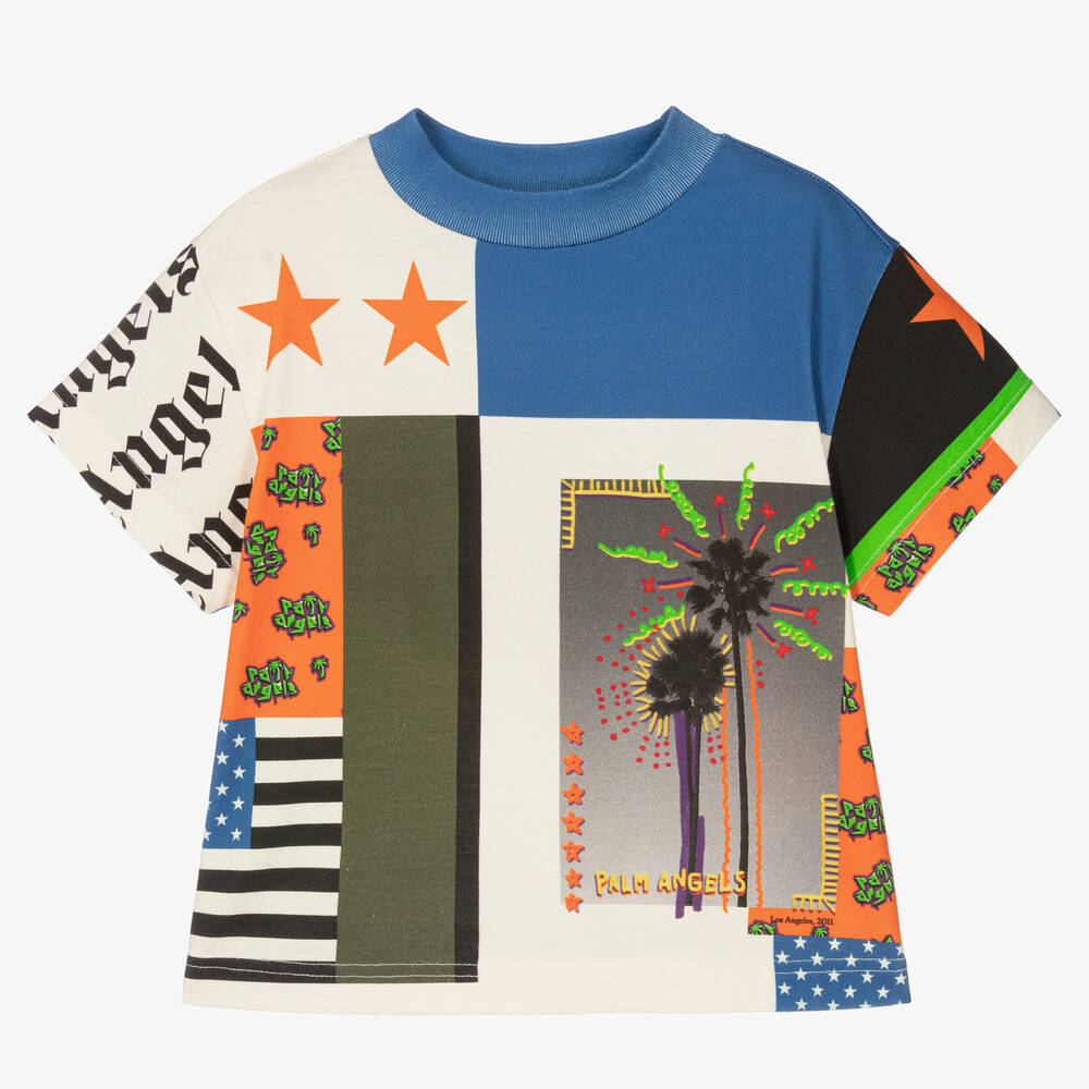 Palm Angels - Boys Ivory Patchwork Cotton T-Shirt | Childrensalon