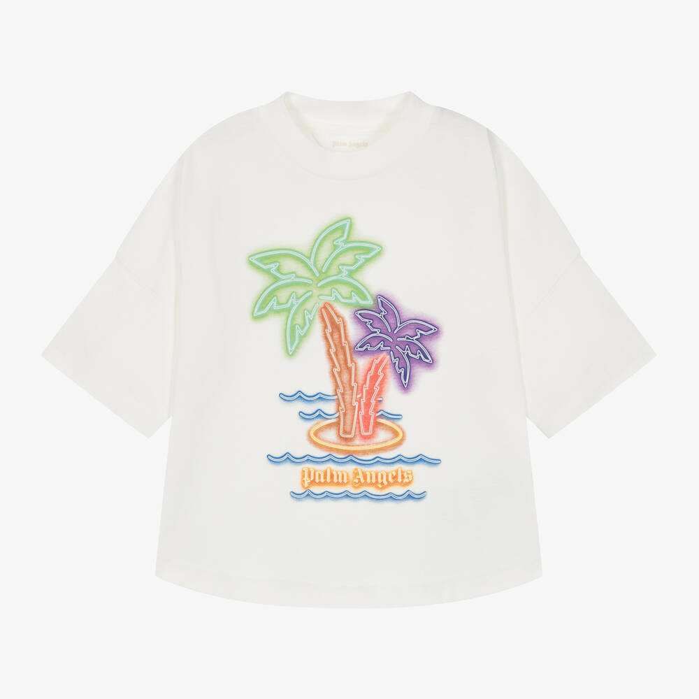 Palm Angels - T-shirt ivoire en coton bio à palmiers | Childrensalon