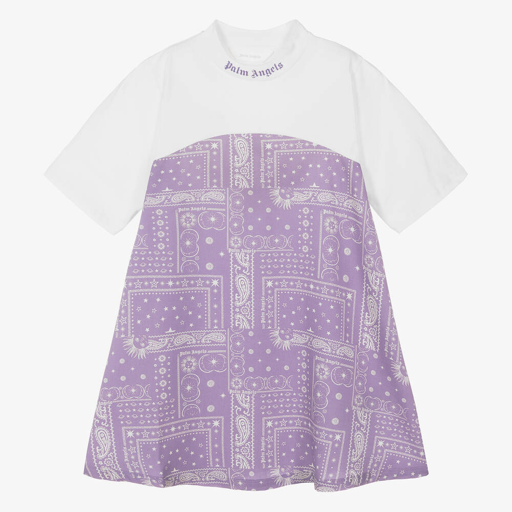 Palm Angels Kids' Astro Paisley Cotton Dress In Purple