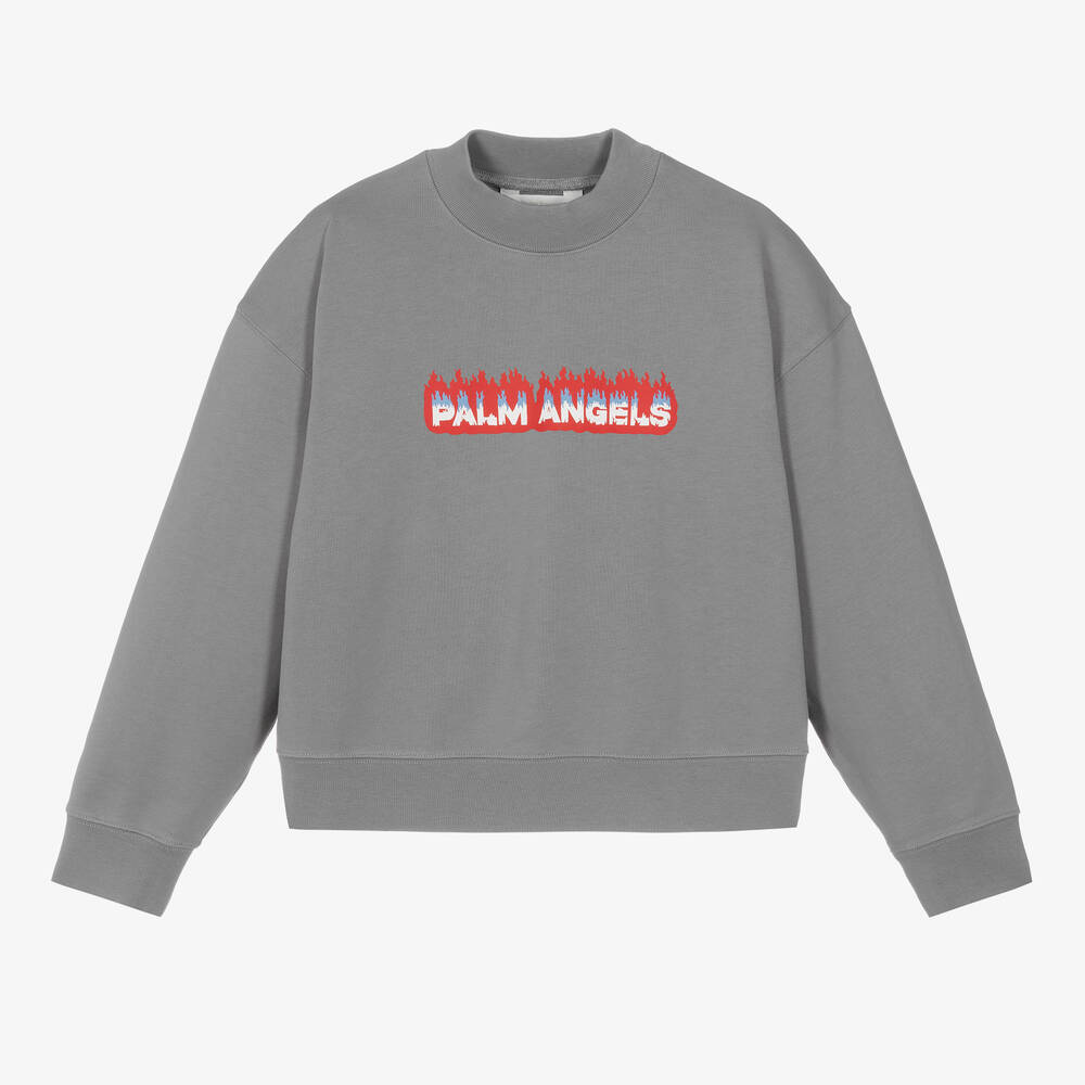 Palm Angels - Sweat-shirt gris en coton à flammes ado | Childrensalon
