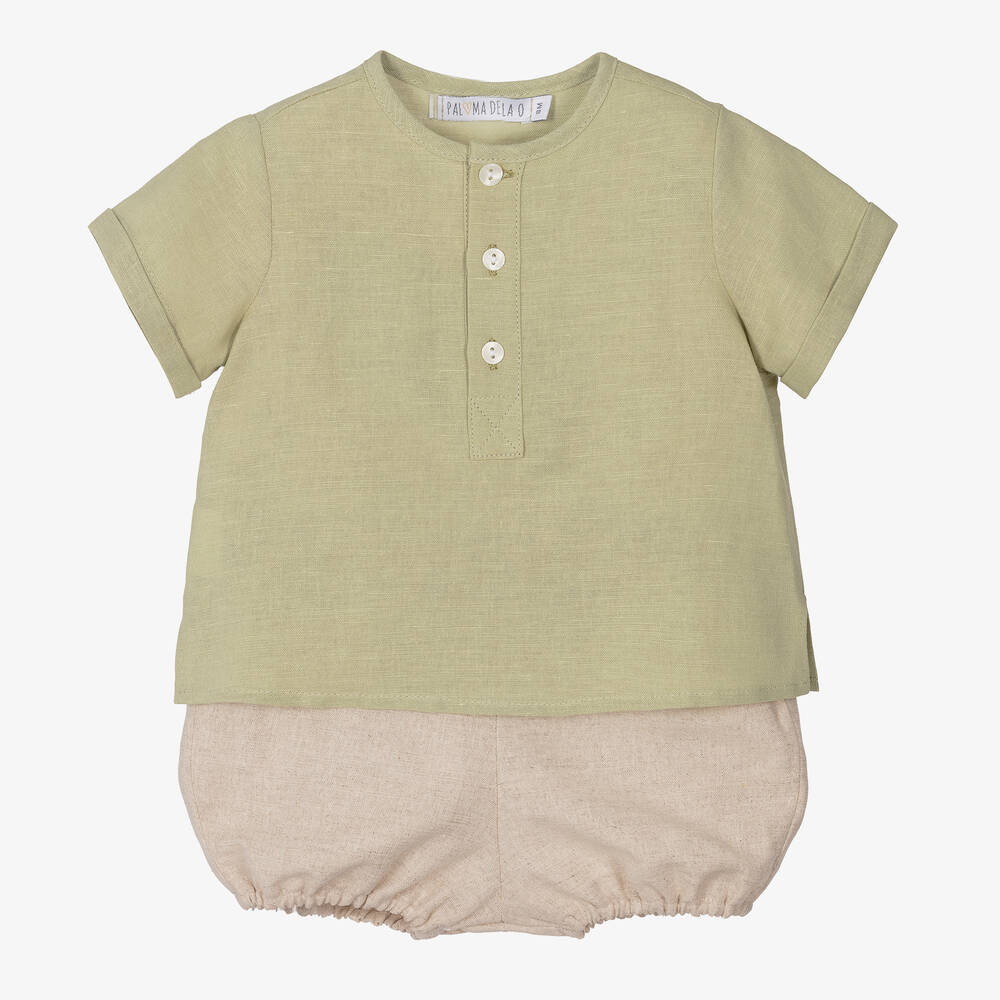 Paloma de la O - Baby Boys Green Cotton & Linen Shorts Set | Childrensalon