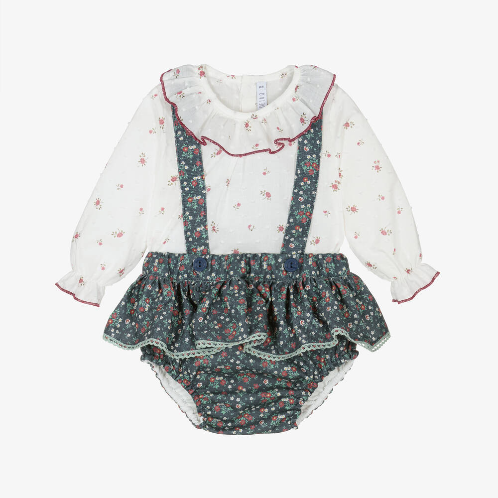 Paloma de la O - Baby Girls Blue Floral Cotton Shorts Set | Childrensalon