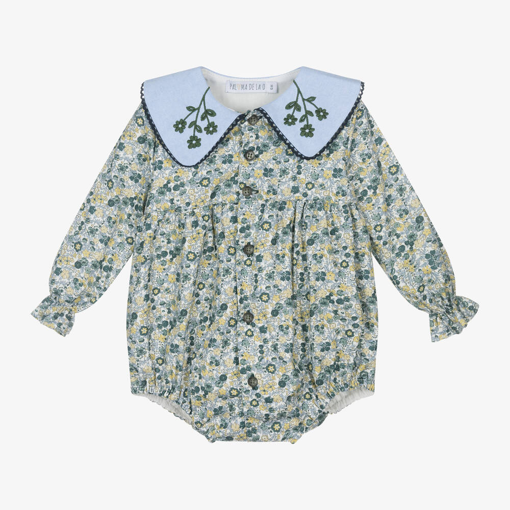 Paloma de la O - Baby Girls Blue & Green Floral Cotton Shortie | Childrensalon