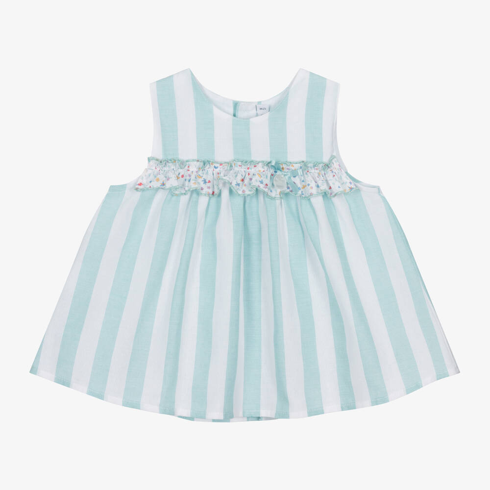 Paloma de la O - Baby Girls Green Striped Cotton Dress | Childrensalon