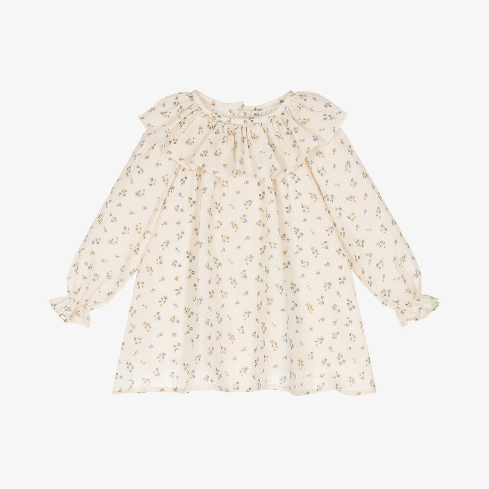 Paloma de la O - Baby Girls Ivory Floral Print Cotton Dress | Childrensalon