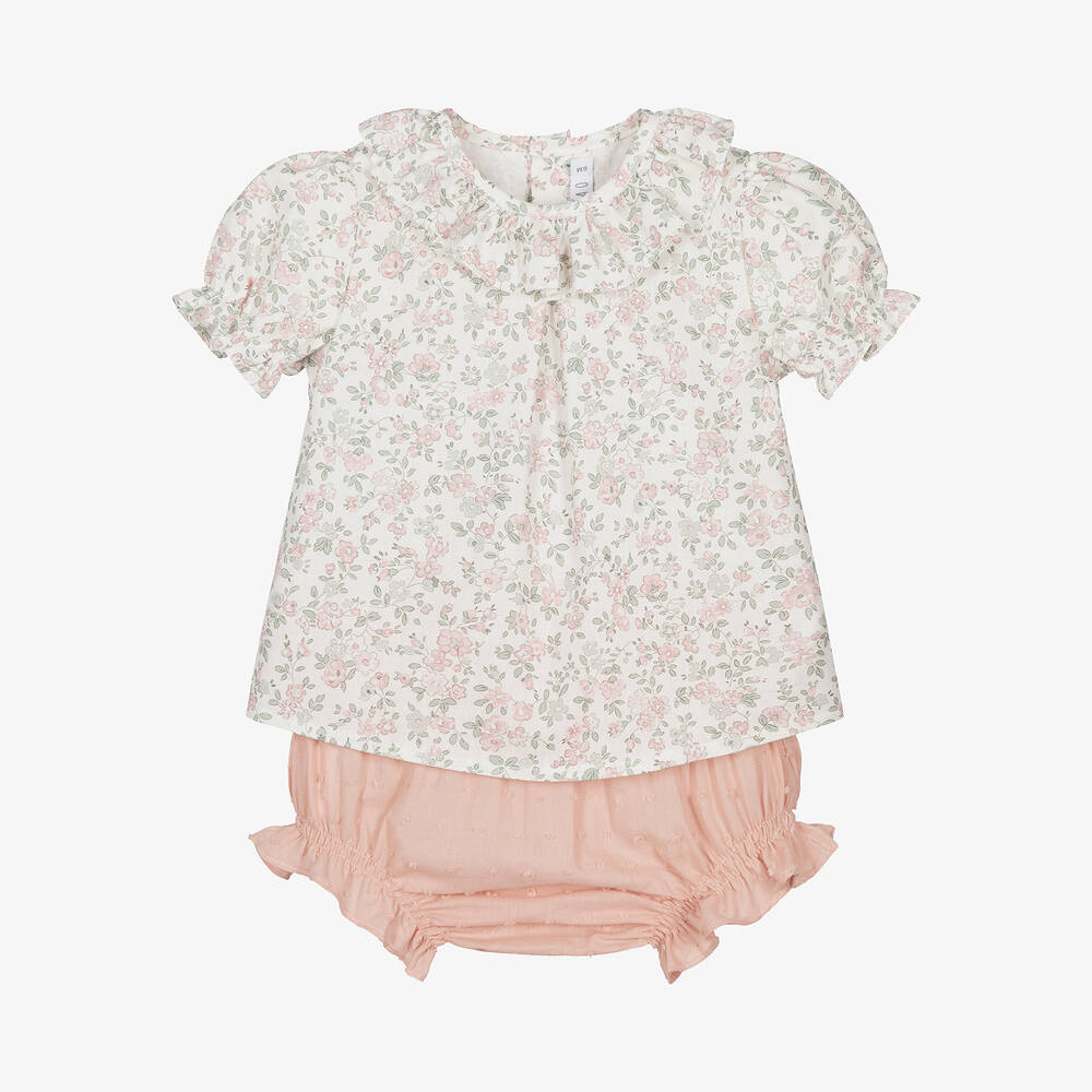 Paloma de la O - Baby Girls Pink Floral Cotton Shorts Set | Childrensalon