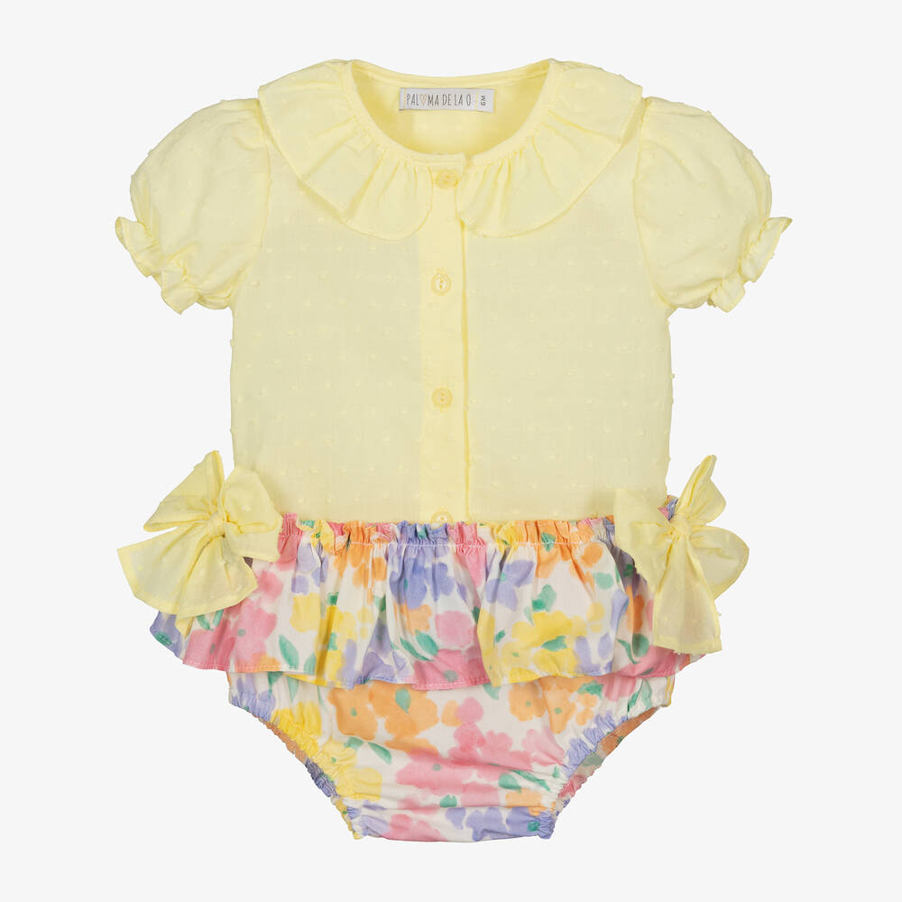Paloma de la O - Baby Girls Yellow Floral Cotton Shorts Set | Childrensalon