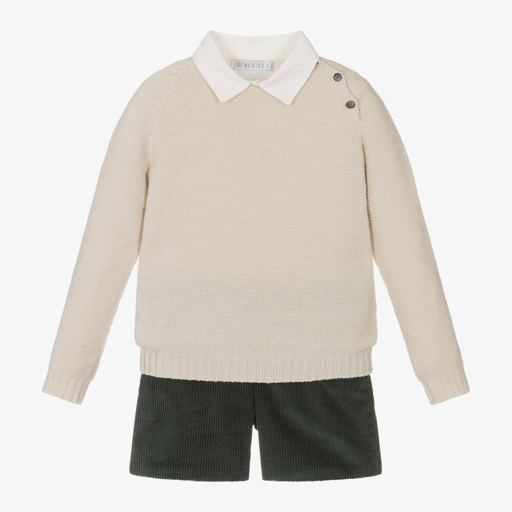 Paloma de la O - Boys Beige & Green Corduroy Shorts Set | Childrensalon