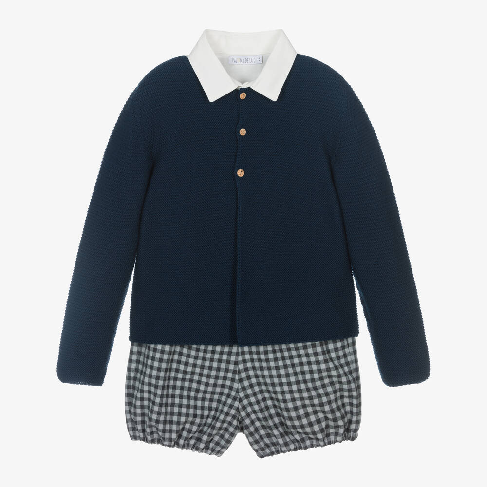 Paloma de la O - Boys Blue Check Cotton shorts Set | Childrensalon