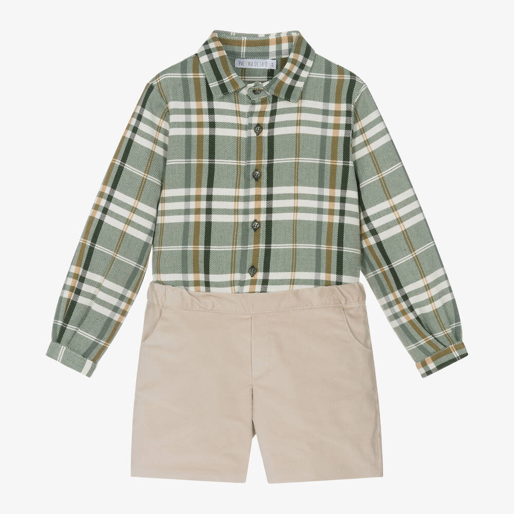 Paloma de la O - Boys Green & Beige Shorts Set | Childrensalon