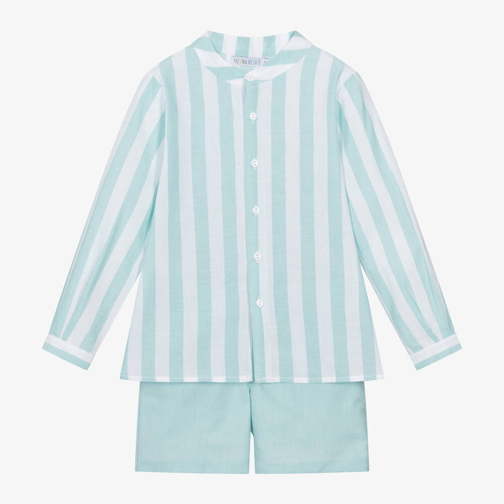 Paloma de la O - Boys Green Striped Cotton Shorts Set | Childrensalon