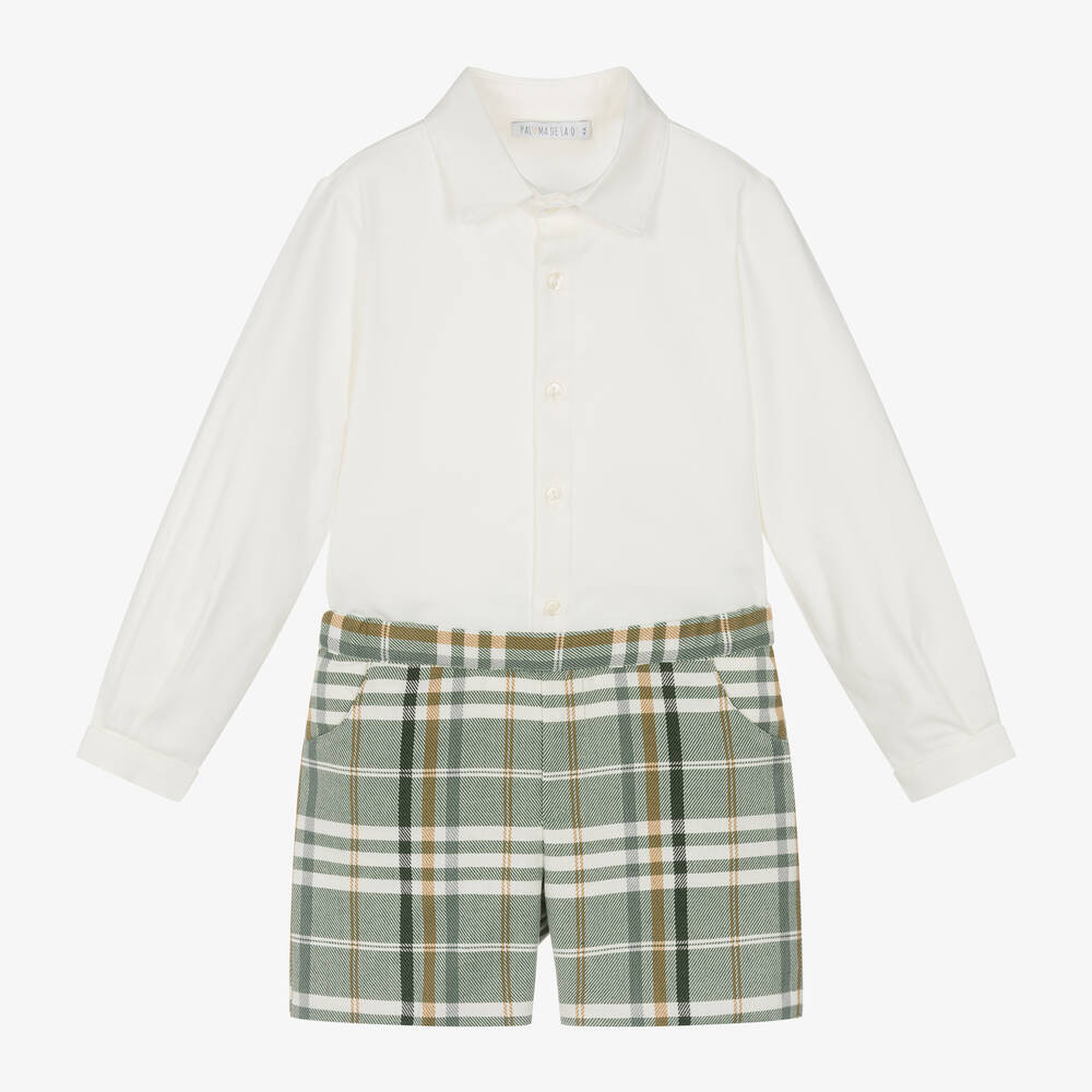 Paloma de la O - Boys Ivory & Green Check Shorts Set | Childrensalon