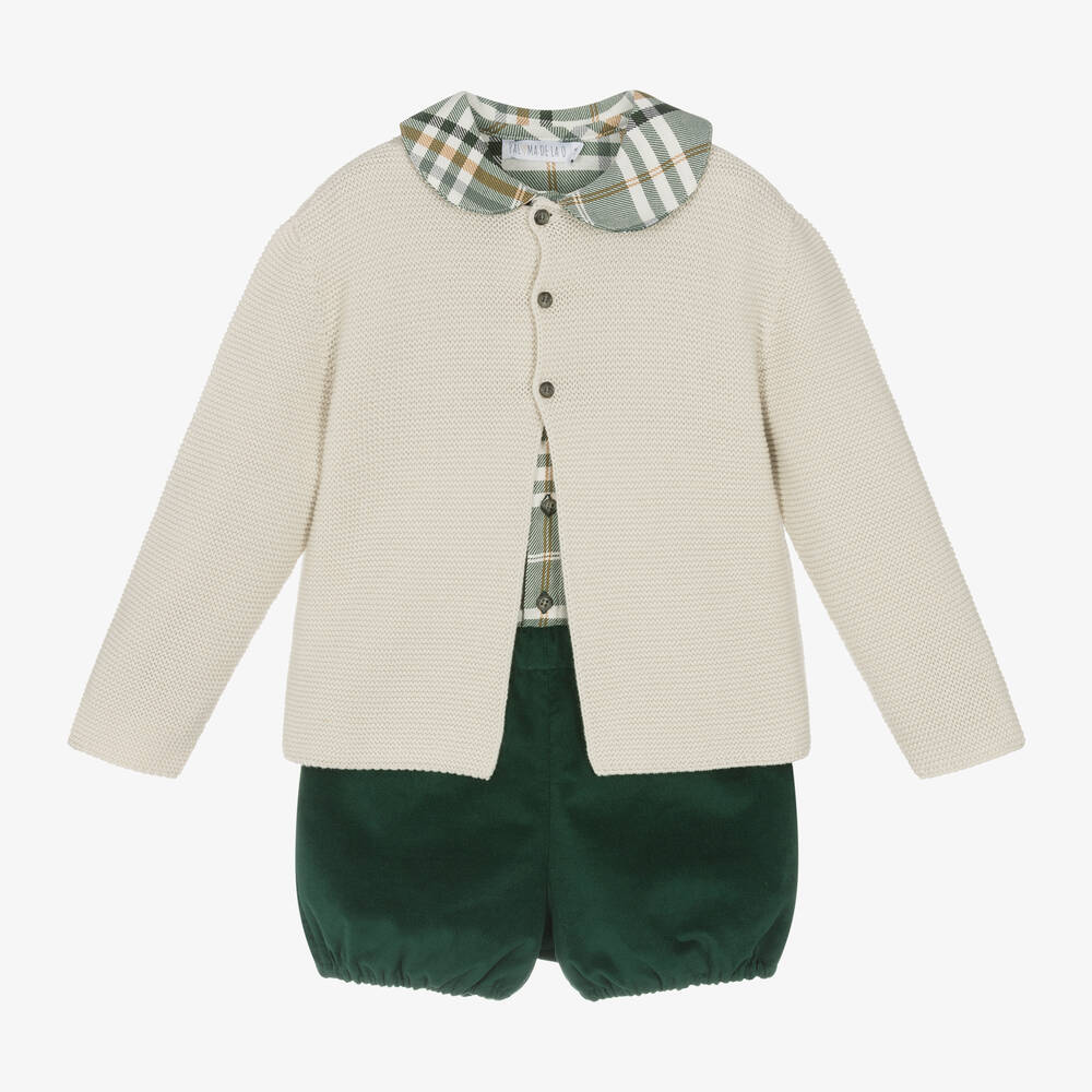 Paloma de la O - Boys Ivory & Green Velvet Shorts Set | Childrensalon