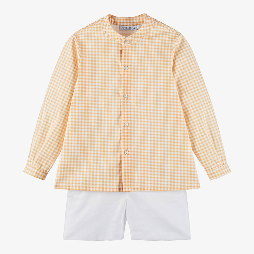 Paloma de la O - Boys Orange Check Shirt & White Shorts Set | Childrensalon