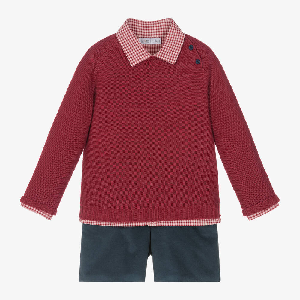 Paloma de la O - Boys Red & Blue Velvet Shorts Set | Childrensalon