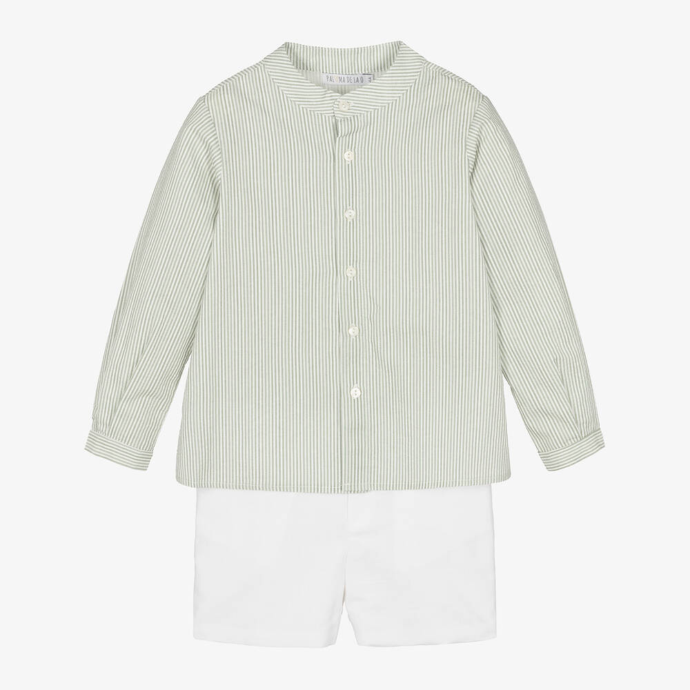 Paloma de la O - Boys Sage Green Striped Cotton Shorts Set | Childrensalon