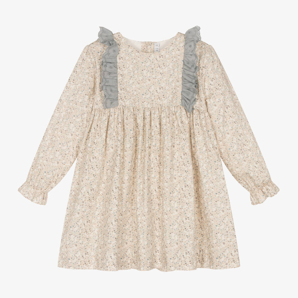 Paloma de la O - Girls Beige Floral Print Cotton Dress | Childrensalon