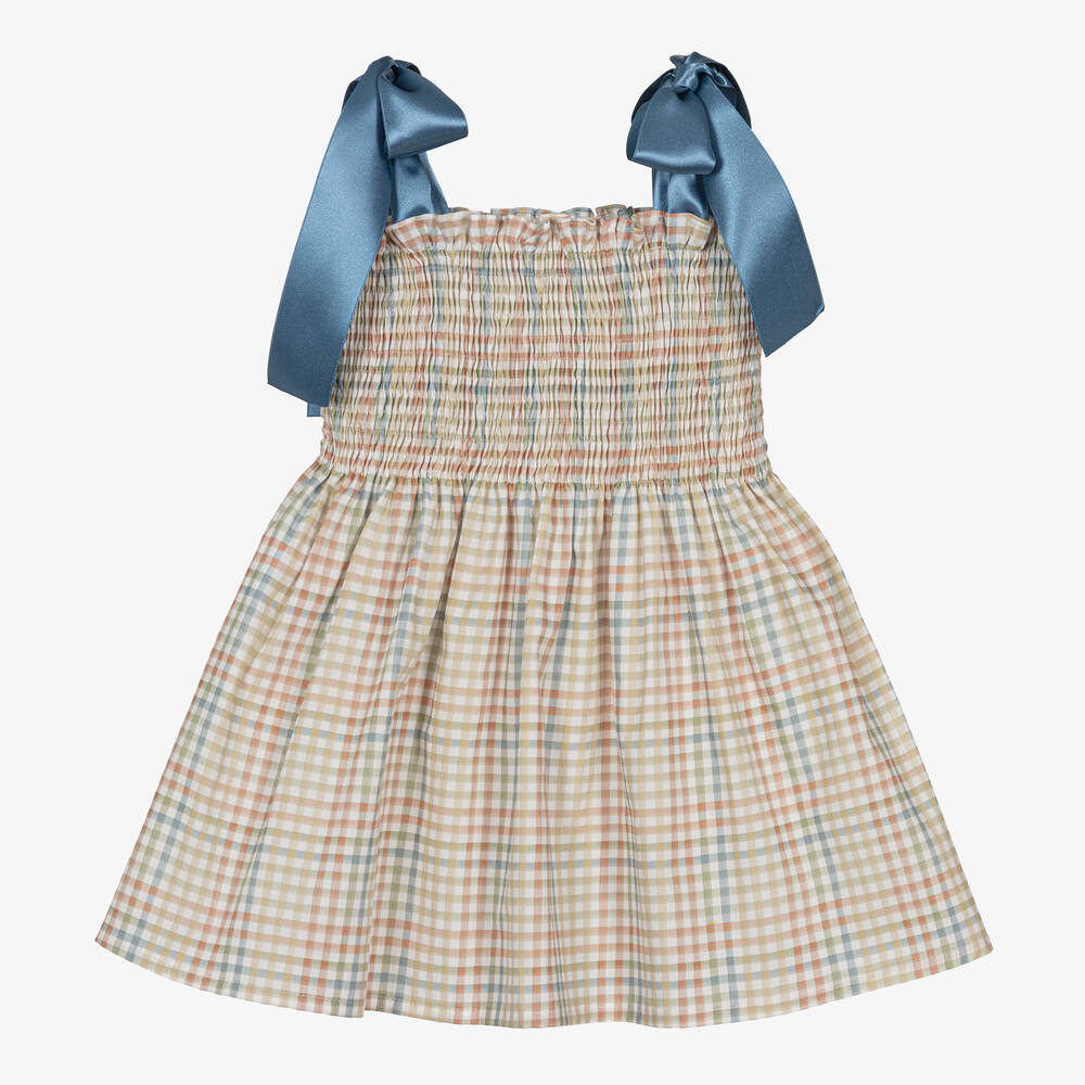 Paloma de la O - Girls Blue & Beige Check Cotton Dress | Childrensalon