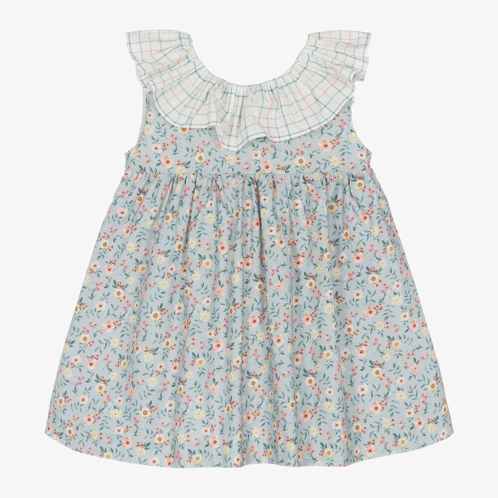 Paloma de la O - Girls Blue Floral Cotton Dress | Childrensalon