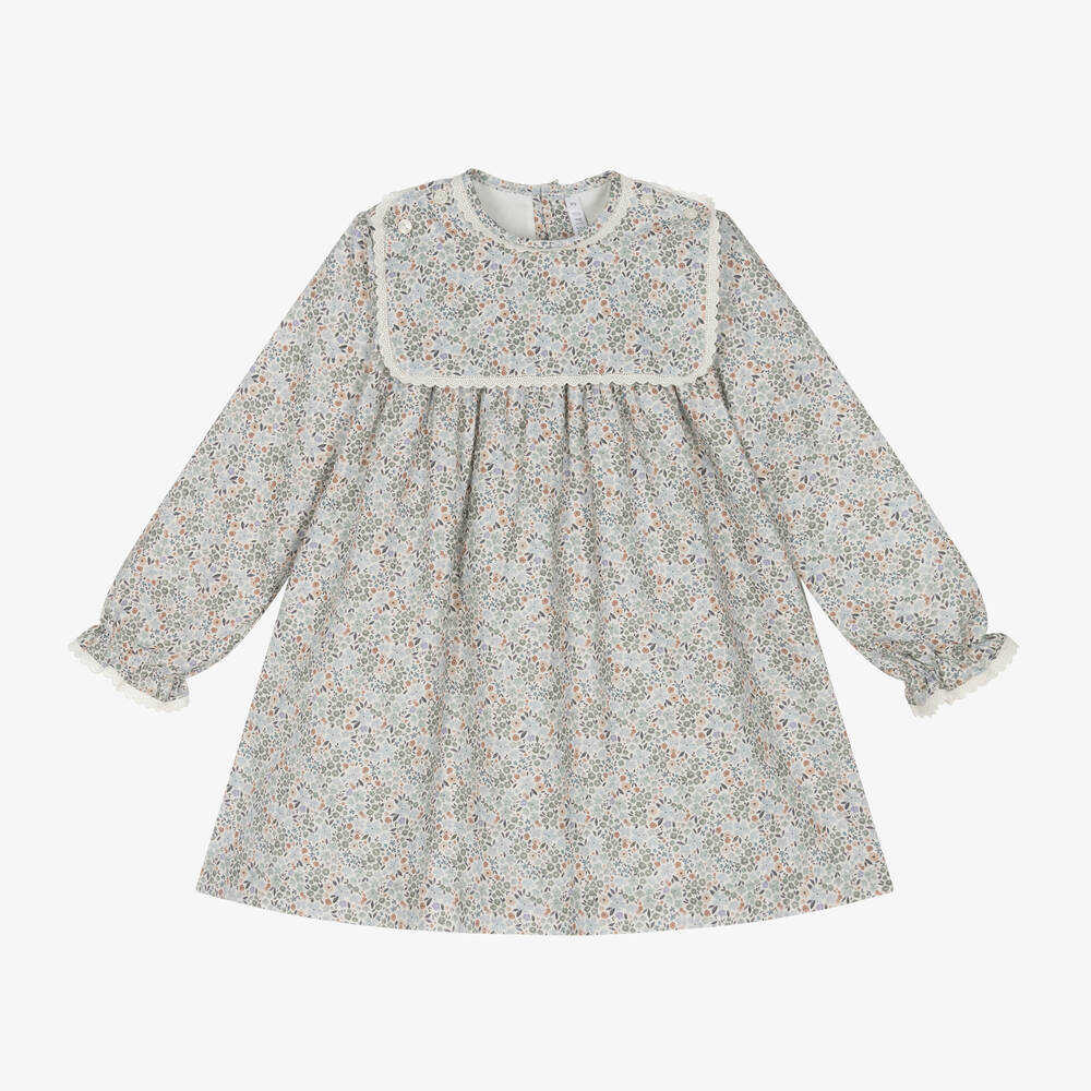 Paloma de la O - Girls Blue Floral Cotton Dress | Childrensalon