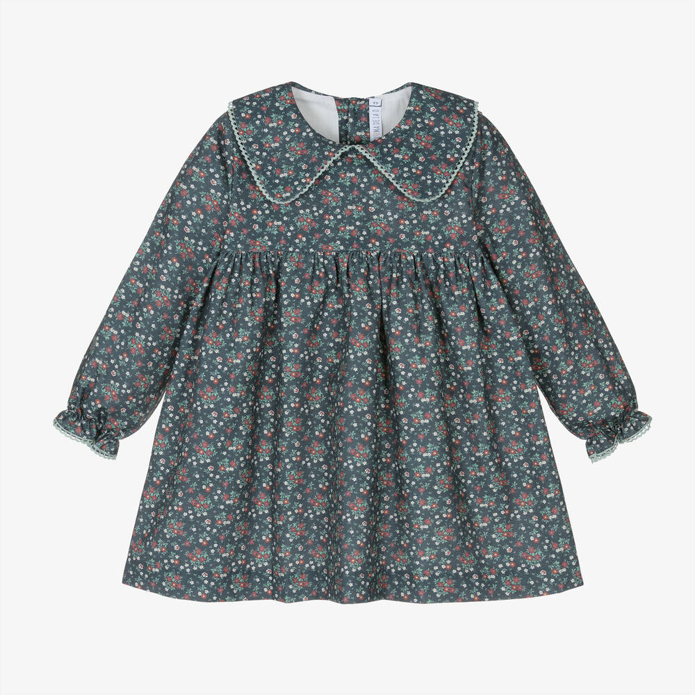 Paloma de la O - Girls Blue Floral Cotton Dress | Childrensalon