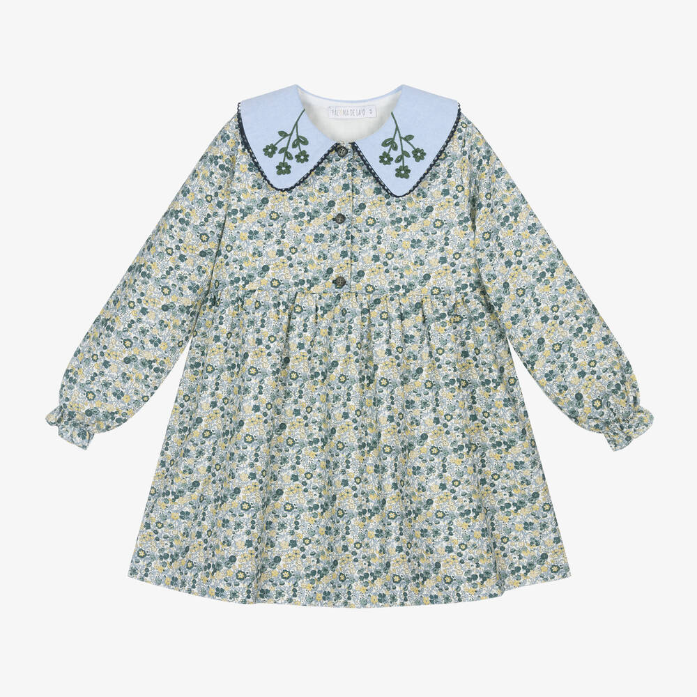 Paloma de la O - Girls Blue Floral Cotton Dress | Childrensalon