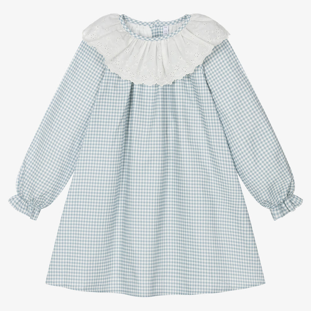 Paloma De La O Kids'  Girls Blue Gingham Check Cotton Dress