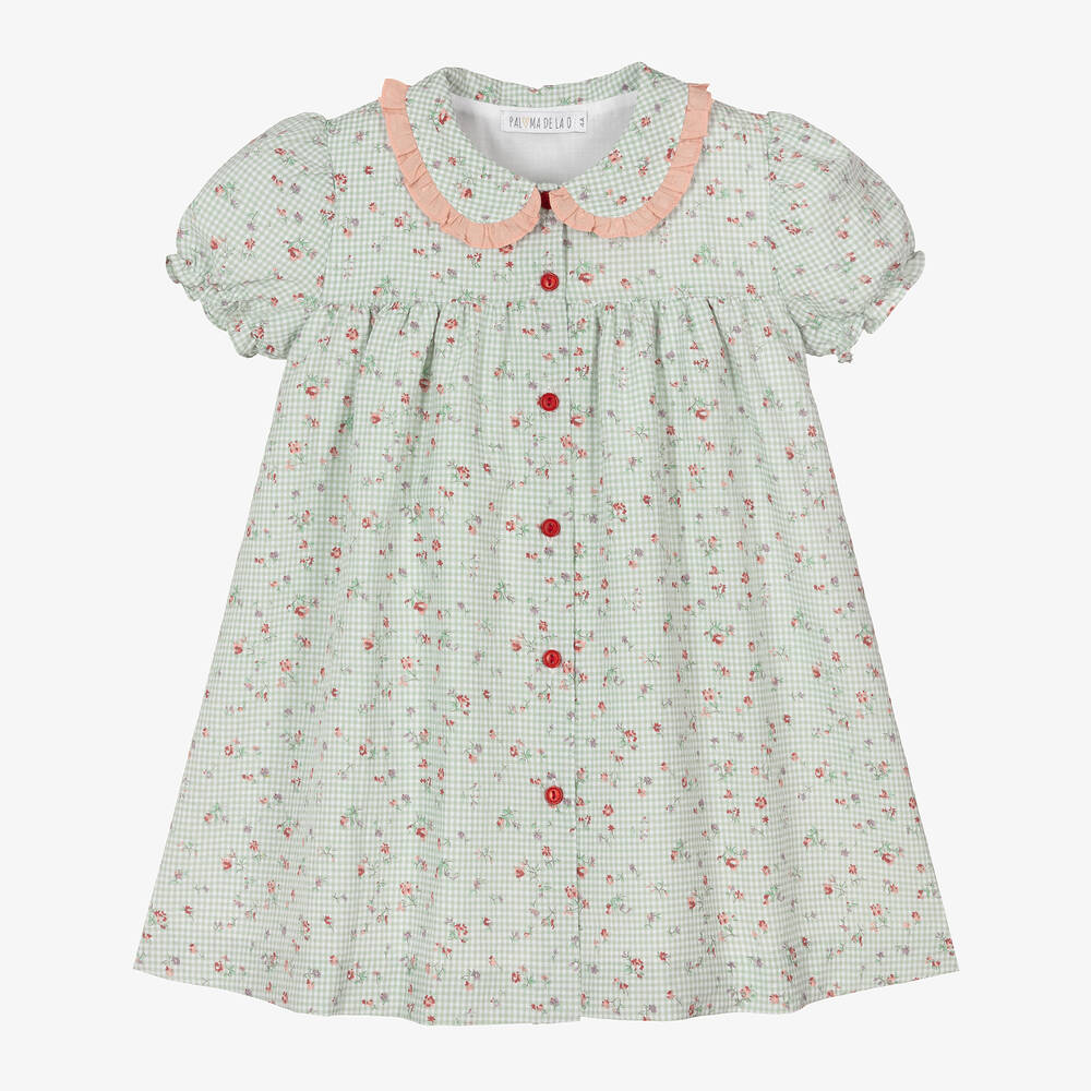 Paloma de la O - Girls Green Cotton Gingham Floral Dress | Childrensalon