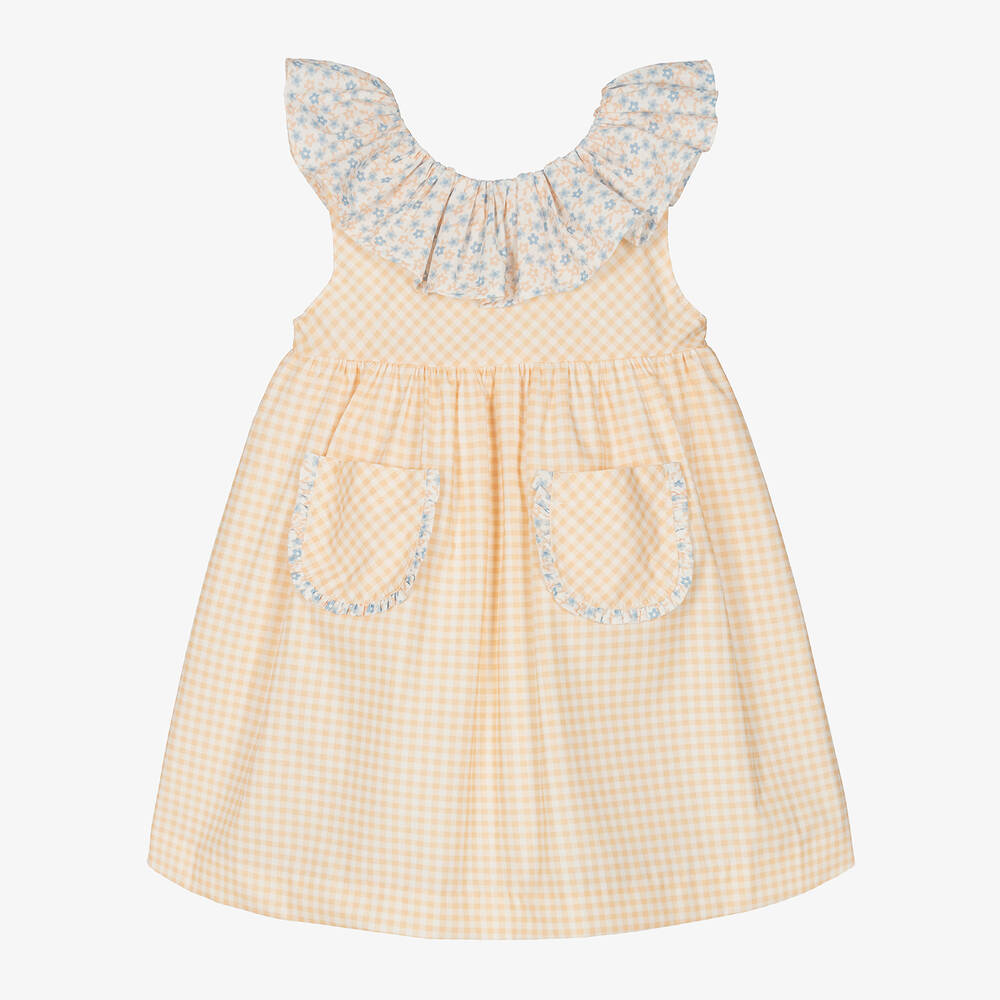 Paloma de la O - Girls Orange Gingham Cotton Dress | Childrensalon