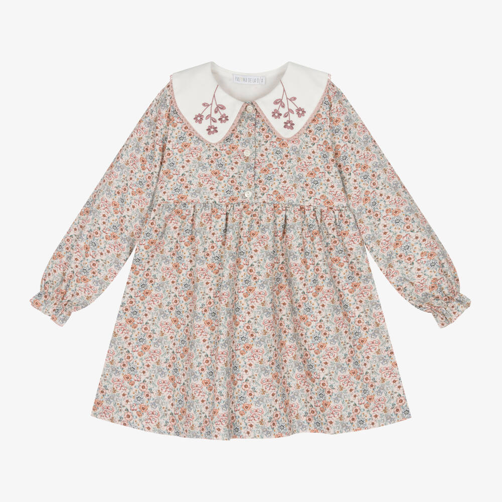 Paloma de la O - Girls Pink Floral Cotton Dress | Childrensalon