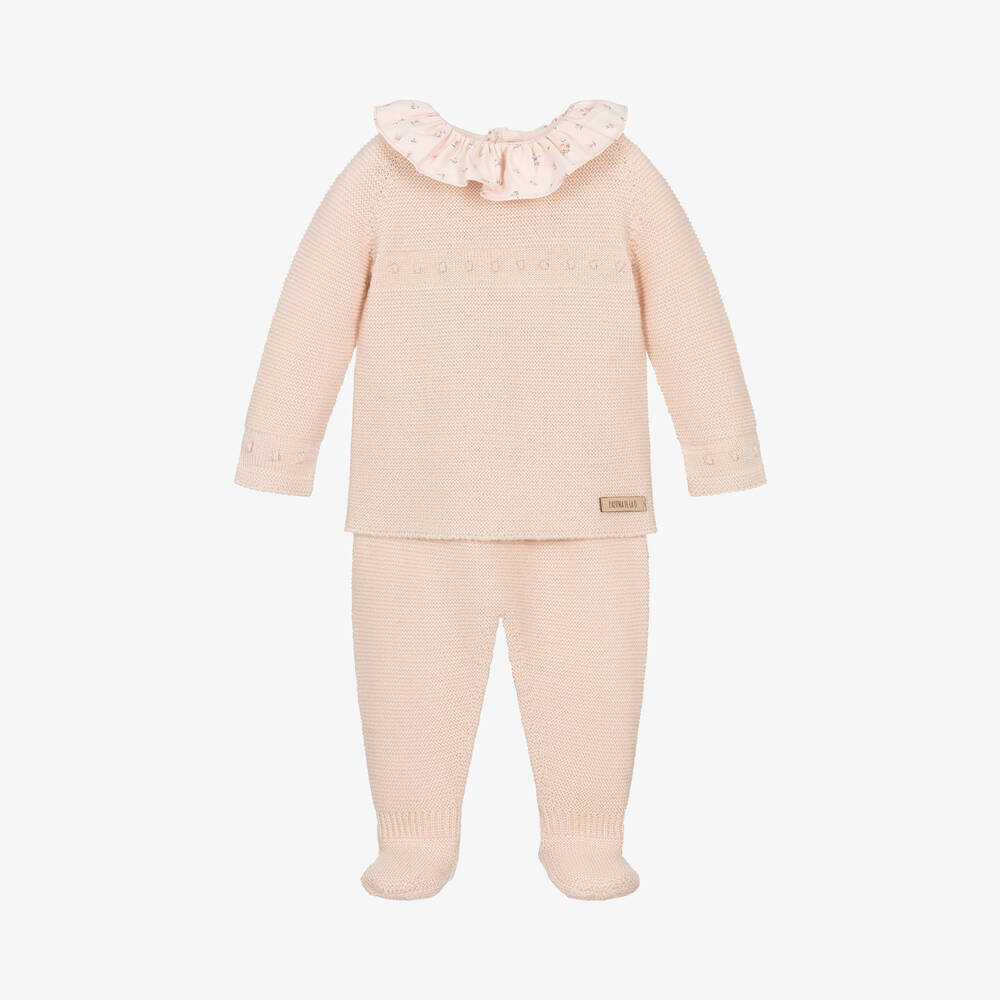 Paloma de la O - Girls Pink Merino Wool Knitted 2 Piece Babygrow | Childrensalon