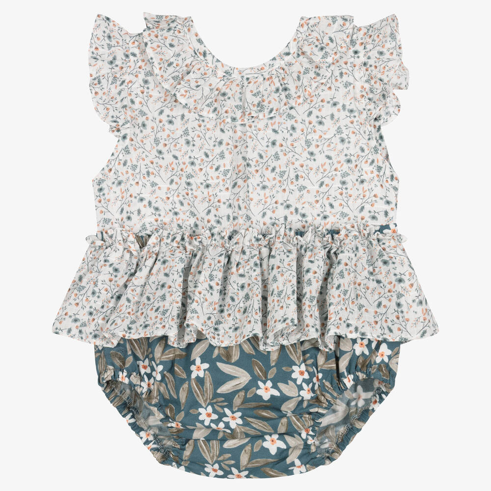 Paloma De La O Babies'  Girls White & Blue Floral Shorts Set