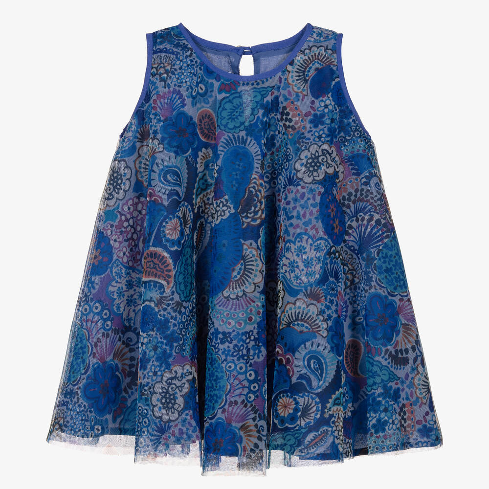 Pan Con Chocolate Babies' Girls Blue Floral Tulle Dress